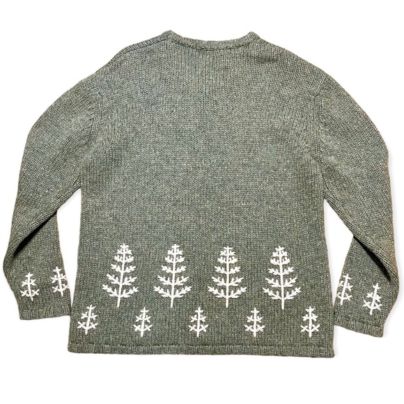 Eddie Bauer Green Wool Fair Isle Embroidery Chunky Knit V-Neck Sweater Sz L - Picture 2 of 15
